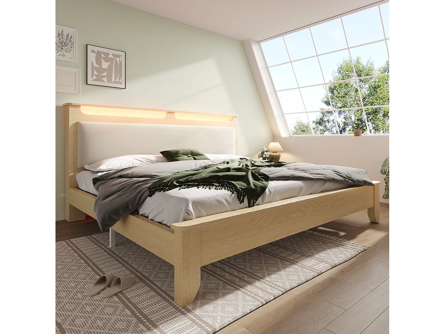Łóżko podwójne z tapicerowanym oparciem - 140 x 200 cm - zagłówek ze schowkiem + diody LED - MDF - beżowe 4351308 - obrazek 1