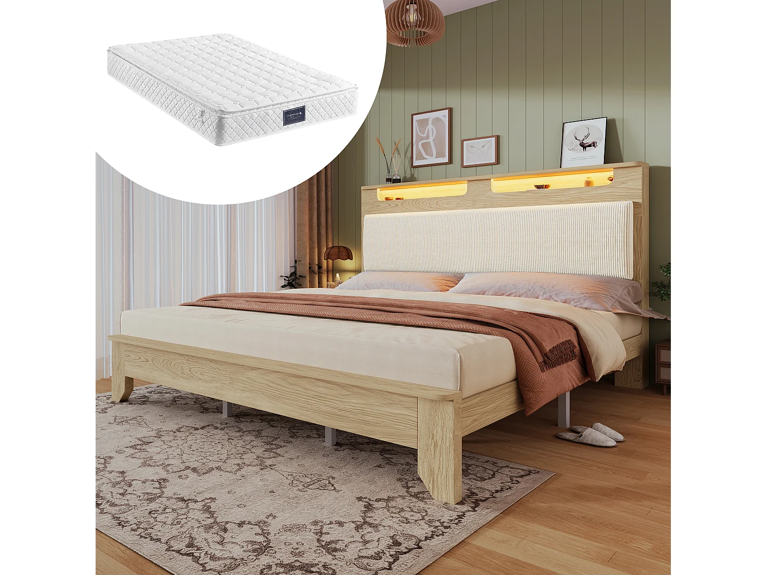 Łóżko podwójne z tapicerowanym oparciem - 140 x 200 cm - zagłówek ze schowkiem + diody LED - płyta MDF - beżowe (z materacem) 4351340 - obrazek 1