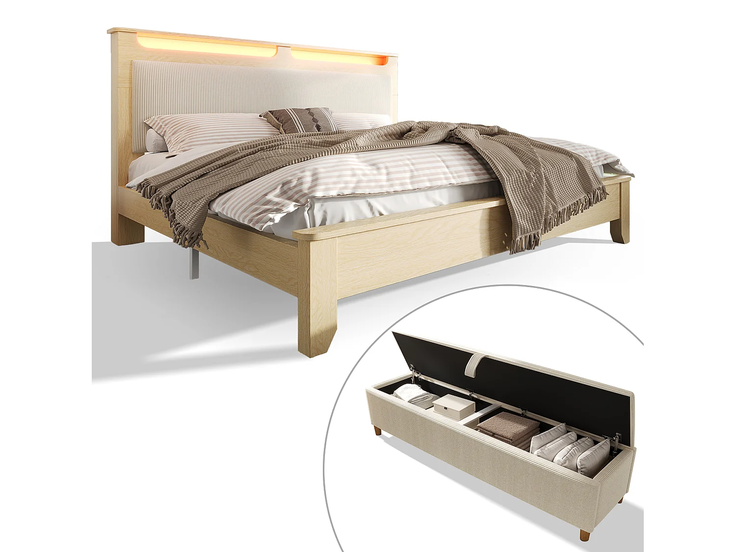 Łóżko podwójne ze schowkiem - 180 x 200 cm - zagłówek ze schowkiem + diody LED - MDF - beżowe 4351358 - obrazek 1