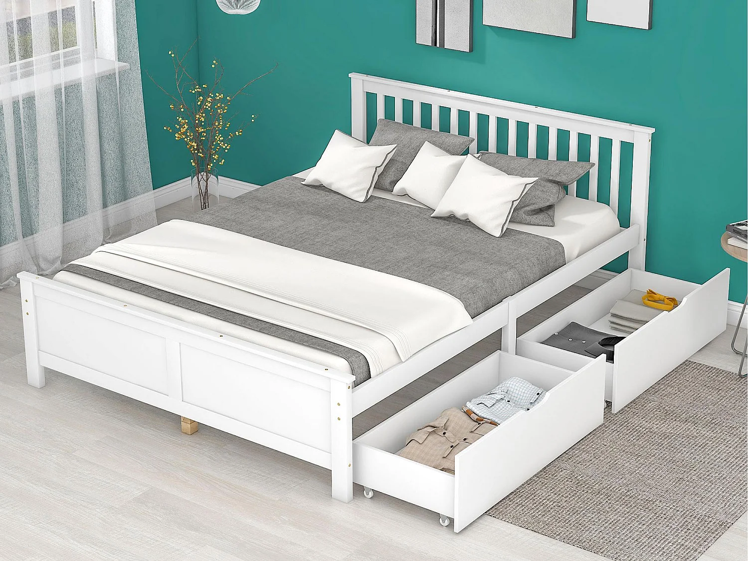 Łóżko proste 140x200cm z litego drewna z 2 szufladami - Białe 1543895 - obrazek 1