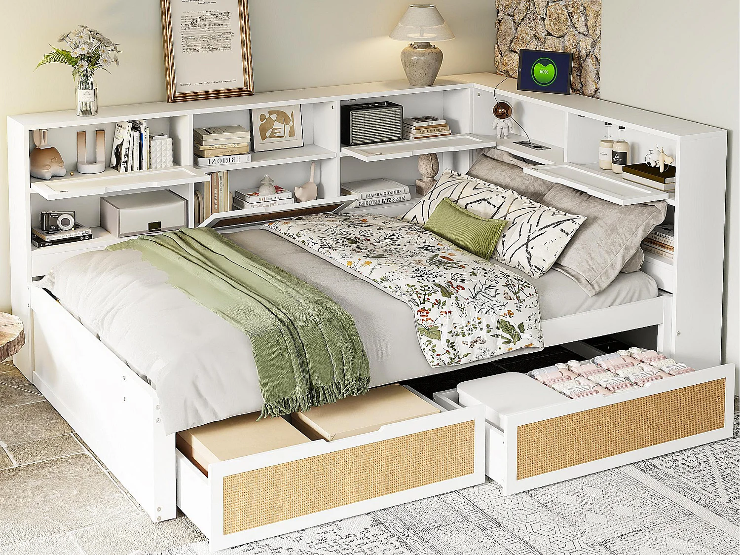 Łóżko-sofa z litego drewna 140x200cm - z 2 szufladami - z wieloma przegrodami do przechowywania - z portem ładowania - białe (bez materaca) 4008792 - obrazek 1