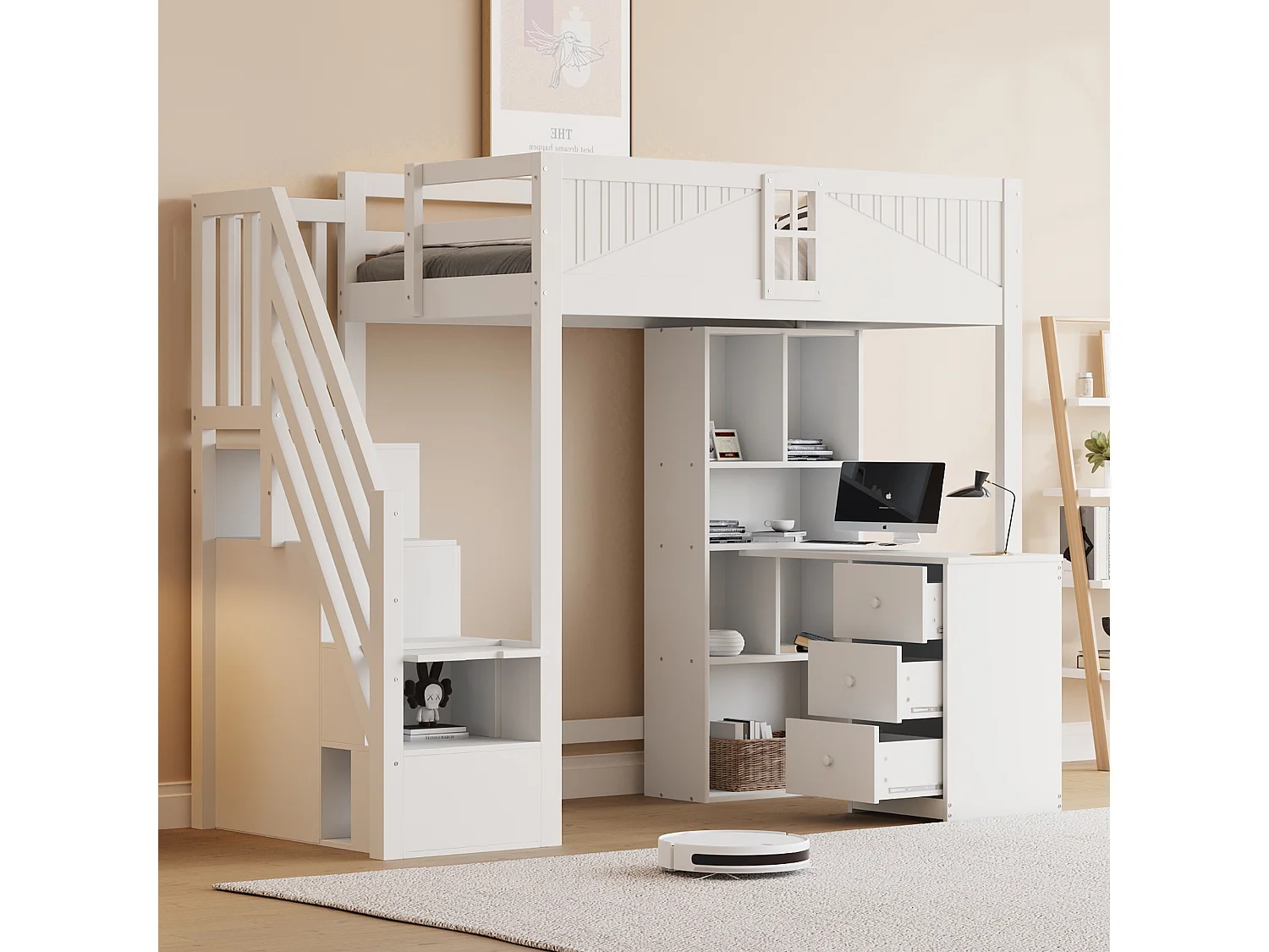 Łóżko piętrowe dla dzieci – 90 x 200 cm – z oknem + szafa + biurko i 3 szuflady – drewno + płyta MDF – białe 4368633