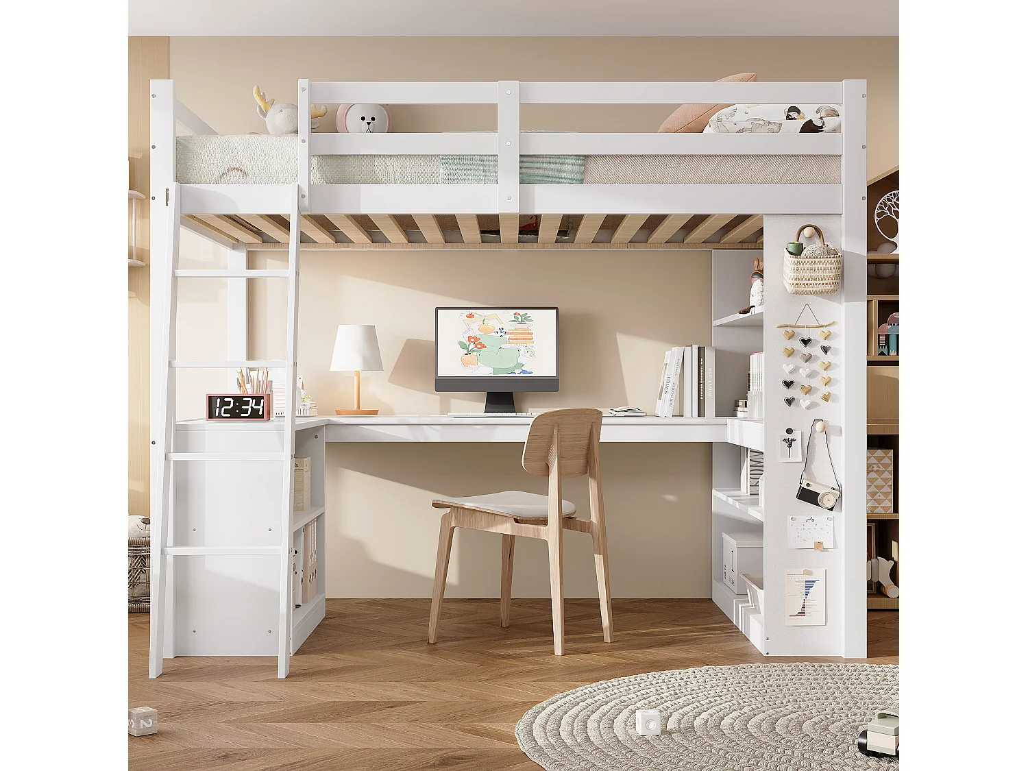 Łóżko piętrowe dla dzieci – 90 x 200 cm – z półką do przechowywania + stolik – sosna + płyta wiórowa – białe 4368636