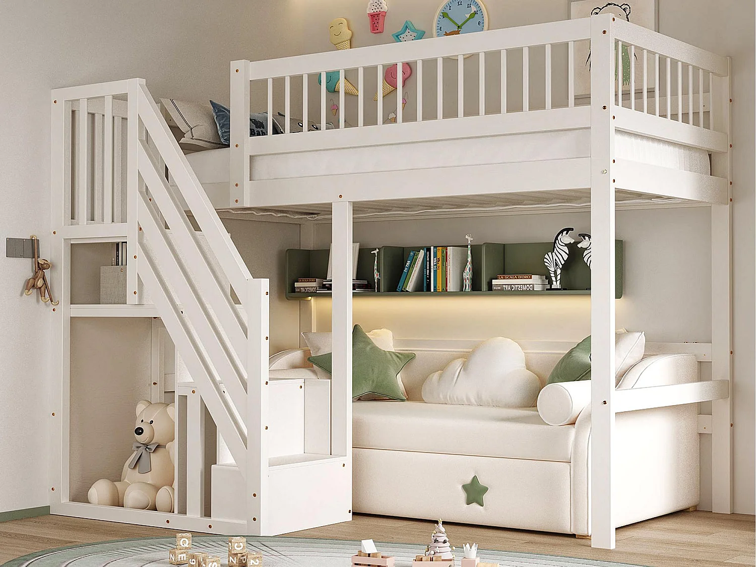 Łóżko mezzanine 90x200cm - ze schodami z miejscem do przechowywania - drewno lite + sklejka + MDF - Biały 3187929 - obrazek 1