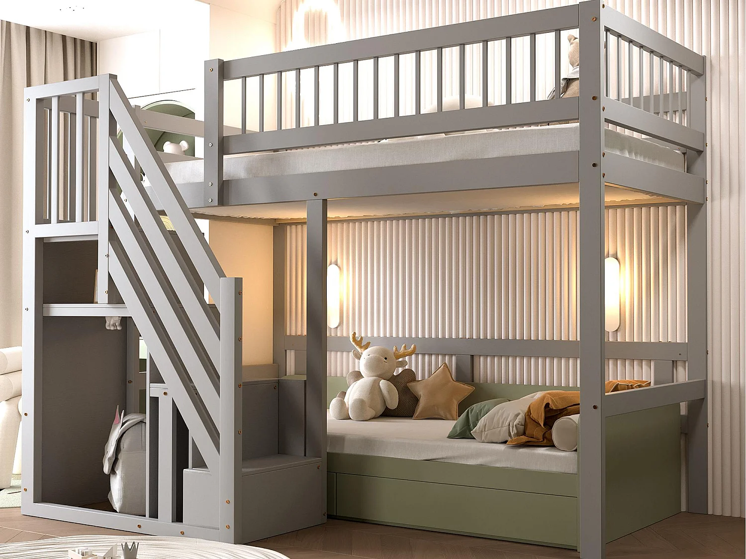 Łóżko mezzanine 90x200cm - ze schodami z miejscem do przechowywania - drewno lite + sklejka + MDF - Szary 3187928 - obrazek 1