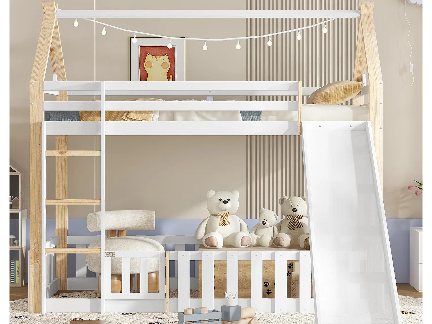 Łóżko piętrowe dla dzieci 90×200 cm - z barierką i zjeżdżalnią - z drabiną 3-stopniową - Drewno lite + MDF - białe (bez materaca) 4385377 - obrazek 1