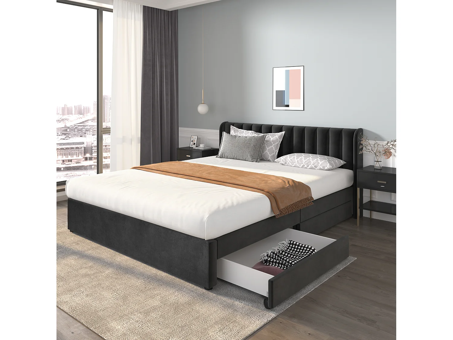 Łóżko tapicerowane z wezgłowiem i 2 szufladami - 180 x 200 cm - tkanina welurowa - stelaż listwowy - kolor czarny 2747821 - obrazek 1