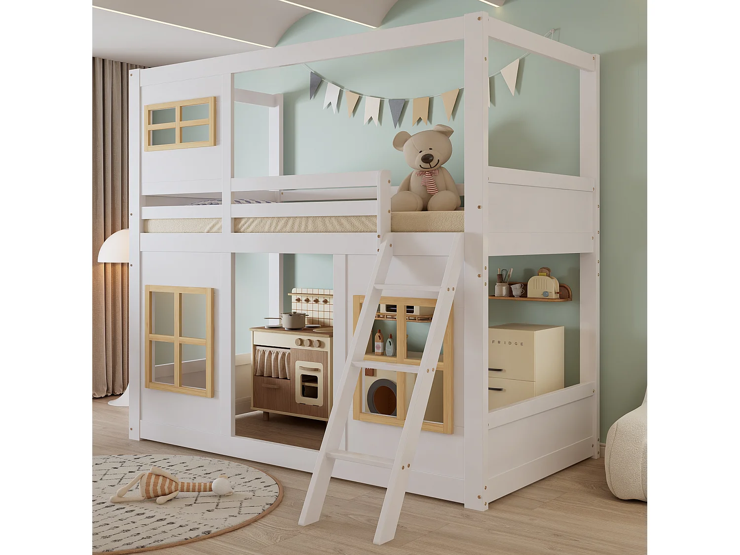 Łóżko piętrowe dla dzieci – 90 x 200 cm – z oknami + drabinka + ogrodzenie – sosna + płyta MDF – białe + naturalne 4396699