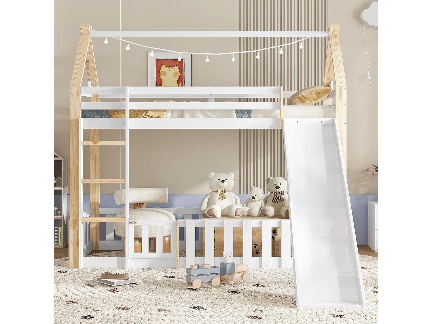 Łóżko piętrowe dla dzieci – 90 x 200 cm – ze zjeżdżalnią + barierką + drabinką – sosna + płyta MDF – białe 4396696