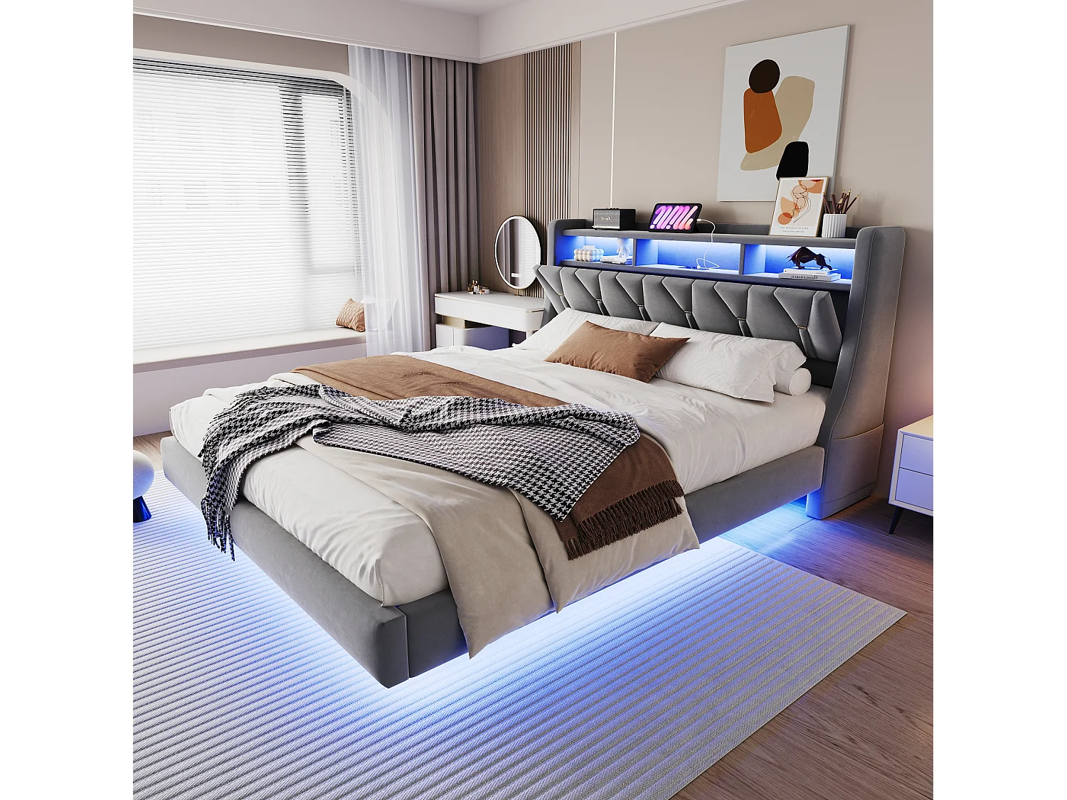 Łóżko tapicerowane dwuosobowe - 180 x 200 cm - składany tapicerowany zagłówek ze schowkiem + diody LED - płyta MDF - szare 4396837 - obrazek 1