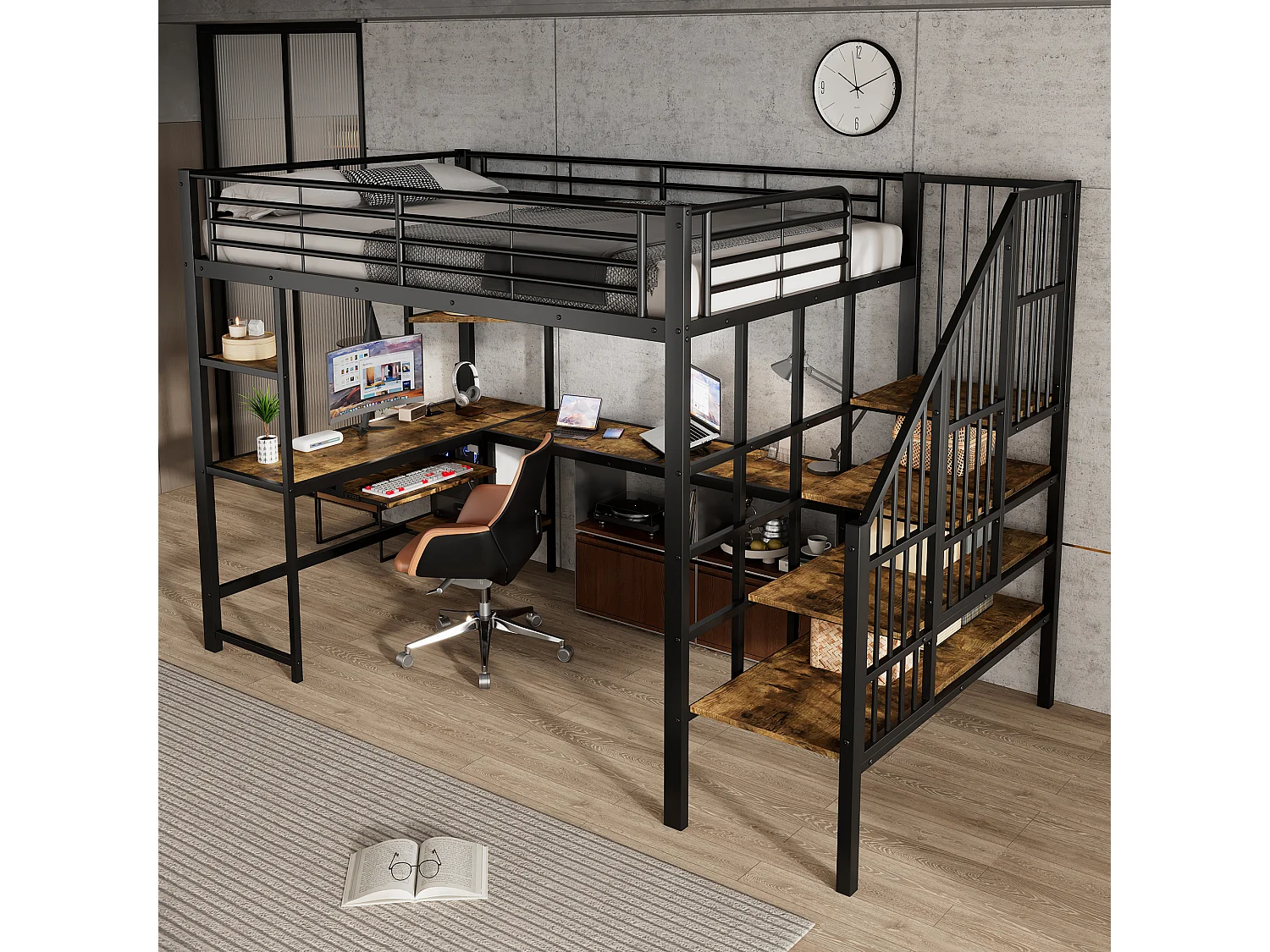 Łóżko piętrowe dla dzieci, żelazne, 120 x 200 cm, biurko z półką na klawiaturę i schowkiem, żelazo + płyta MDF, czarne 4396864 - obrazek 1