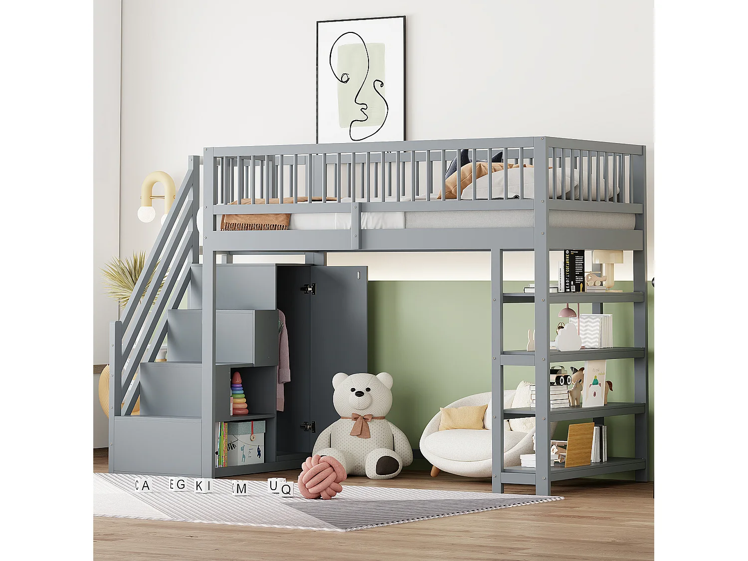 Łóżko piętrowe dla dzieci – 90 x 200 – z barierką + szafa + półki – drewno – szare 4396870