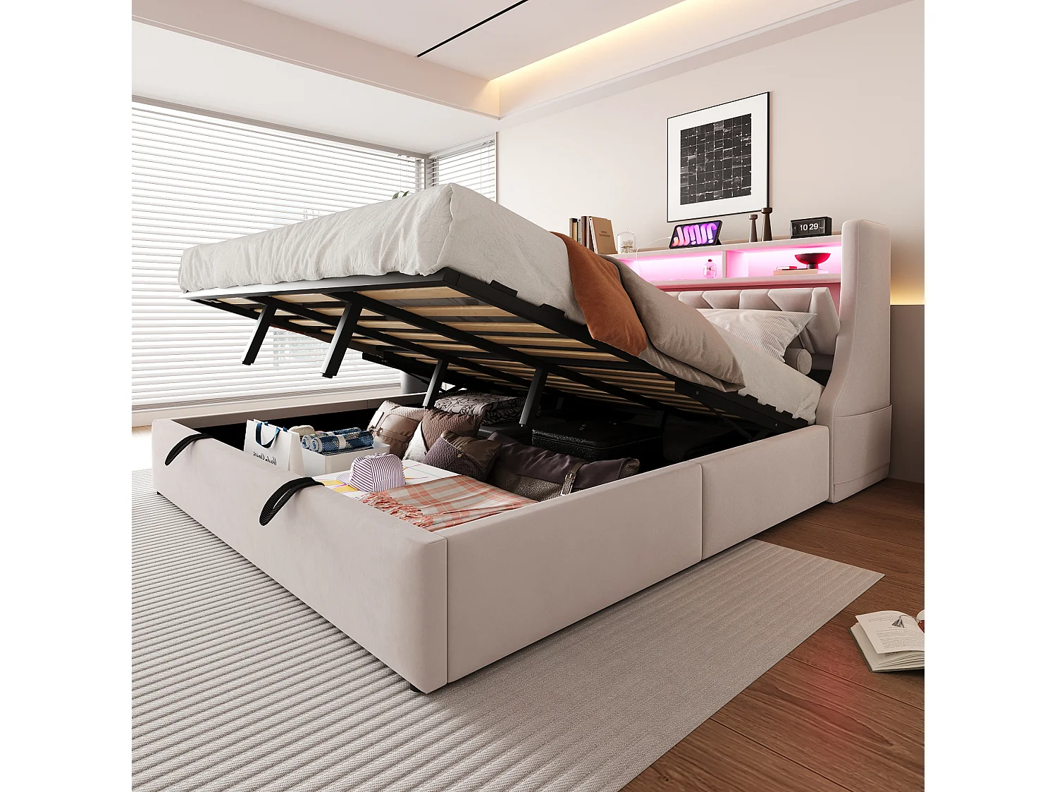 Łóżko podwójne ze schowkiem - 180 x 200 cm - hydrauliczne - składany zagłówek ze schowkiem + diody LED - MDF - beżowe 4396883 - obrazek 1