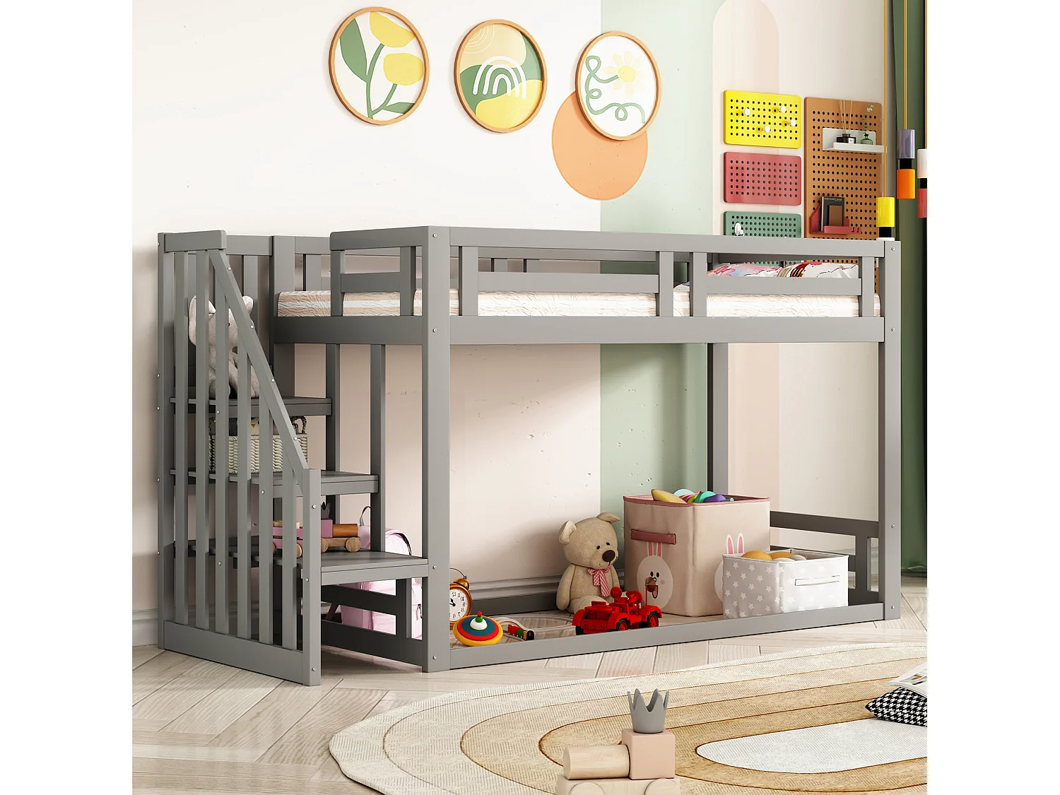 Łóżko piętrowe dla dzieci - 90 x 200 cm - ze schodkami bezpieczeństwa - drewno + MDF - szare 4408917 - obrazek 1