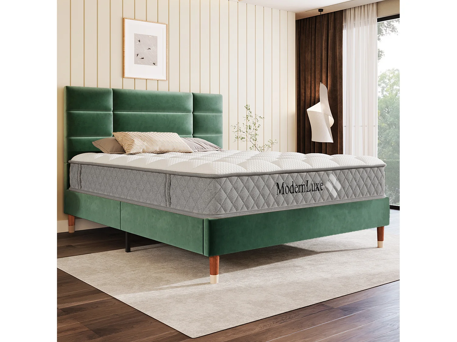 Łóżko tapicerowane dwuosobowe - 140 x 200 cm - z zagłówkiem + stelażem - aksamitne - zielone (z materacem) 4420512 - obrazek 1