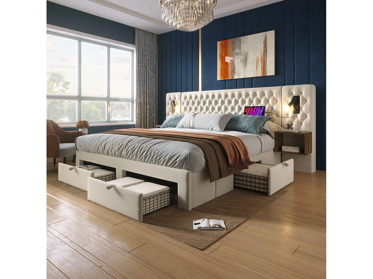 Łóżko tapicerowane dwuosobowe - 160 x 200 cm - z 2 szafkami nocnymi + 4 szufladami + lampką nad wezgłowiem - aksamitne - beżowe 4420543 - obrazek 1