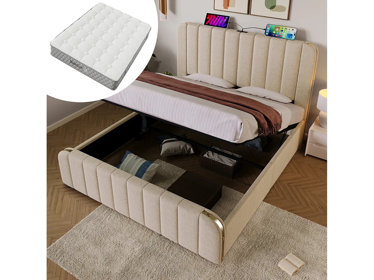 Łóżko tapicerowane dwuosobowe - 140 x 200 cm - z zagłówkiem + USB + schowek hydrauliczny - len - beżowe (z materacem) 4420550 - obrazek 1