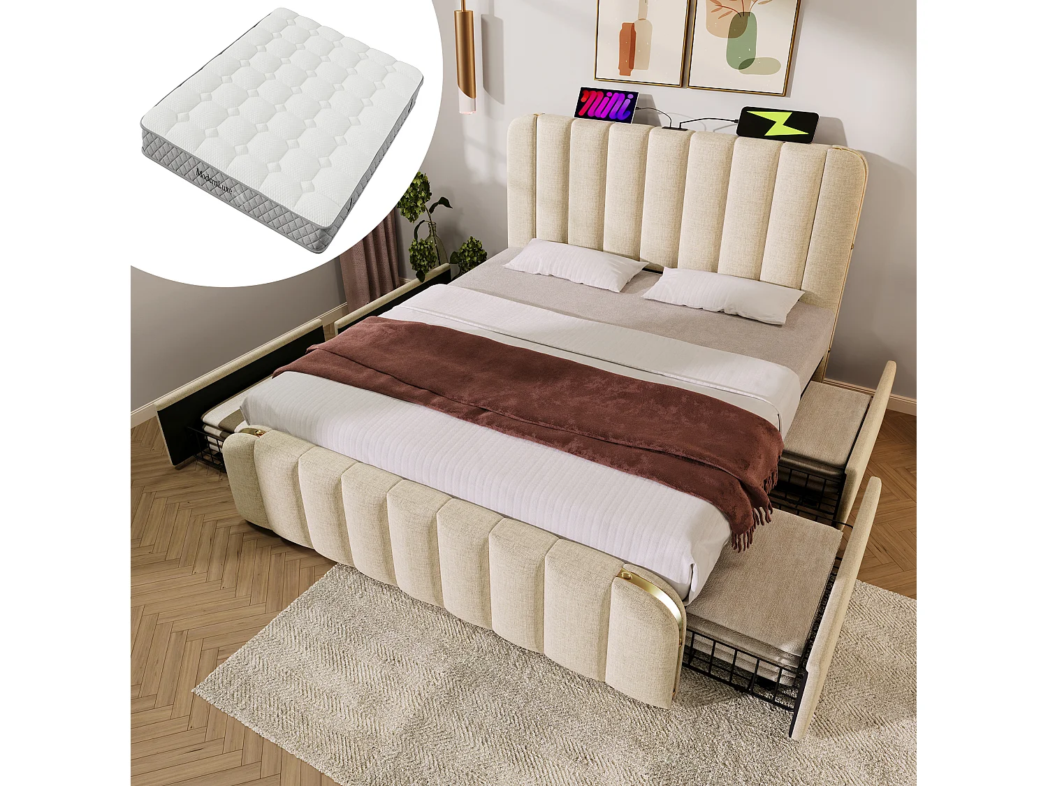 Łóżko tapicerowane dwuosobowe - 140 x 200 cm - z zagłówkiem + USB + 4 szuflady - pościel - beżowe (z materacem) 4420553 - obrazek 1