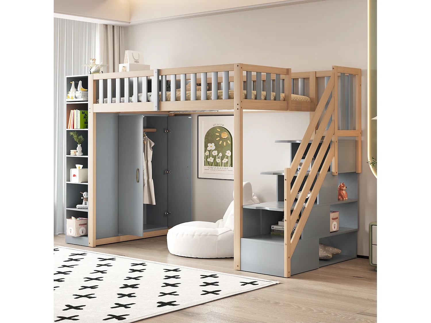Łóżko piętrowe dla dzieci – 90 x 200 cm – z półkami + szafa + schody do przechowywania – drewno – szare 4420558