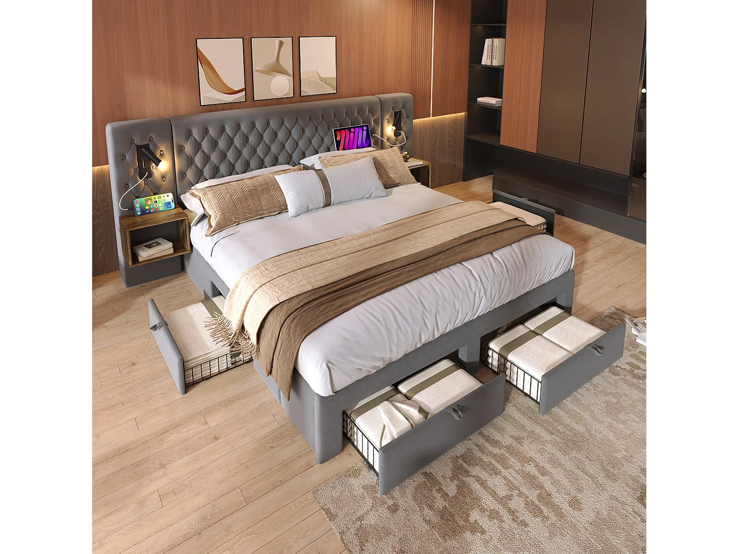 Łóżko tapicerowane dwuosobowe - 160 x 200 cm - z 2 szafkami nocnymi + 4 szufladami + lampką nad wezgłowiem - aksamitne - szare 4420568 - obrazek 1