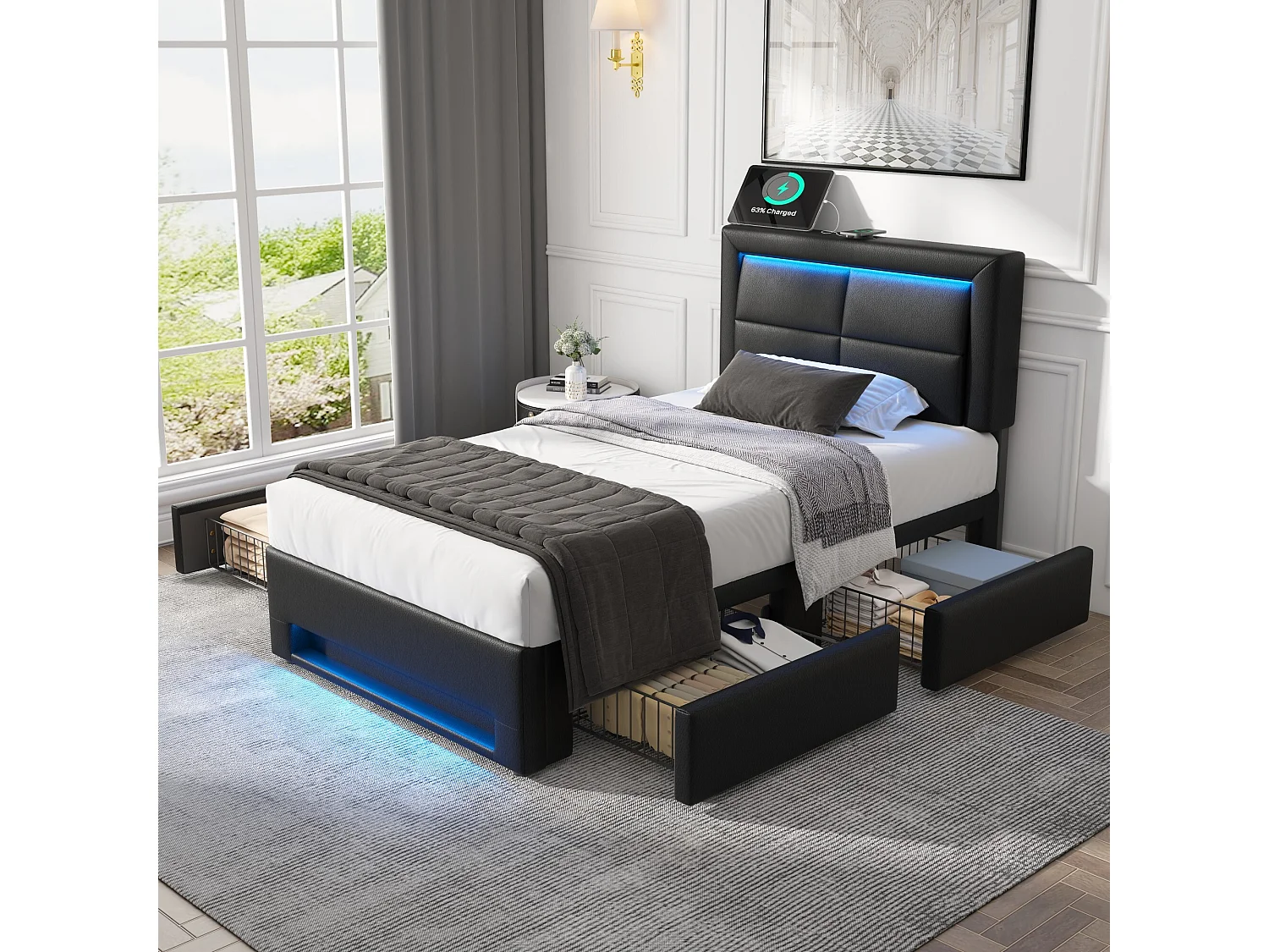 Łóżko pojedyncze 90 x 200 cm - Łóżko dziecięce z czterema szufladami i oświetleniem LED - port USB - Czarny PU - materac nie jest wliczony w cenę 4423704 - obrazek 1