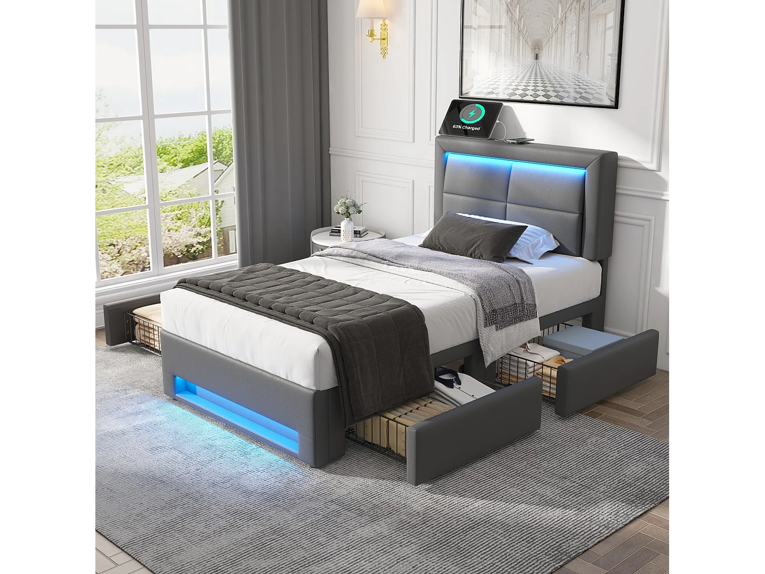 Łóżko pojedyncze 90 x 200 cm - Łóżko dziecięce z czterema szufladami i oświetleniem LED - Port USB - Szary PU - Materac nie jest wliczony w cenę 4423706 - obrazek 1