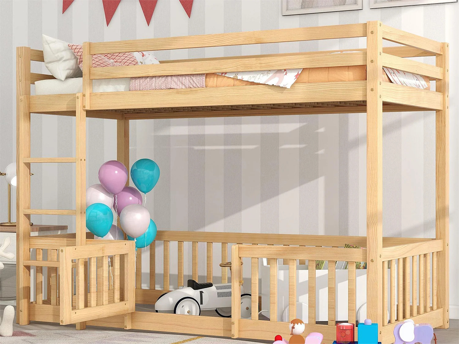 Łóżko piętrowe dwuosobowe - 2 x 90 x 200 cm - barierki i drzwi - lite drewno - kolor naturalny 1735285 - obrazek 1