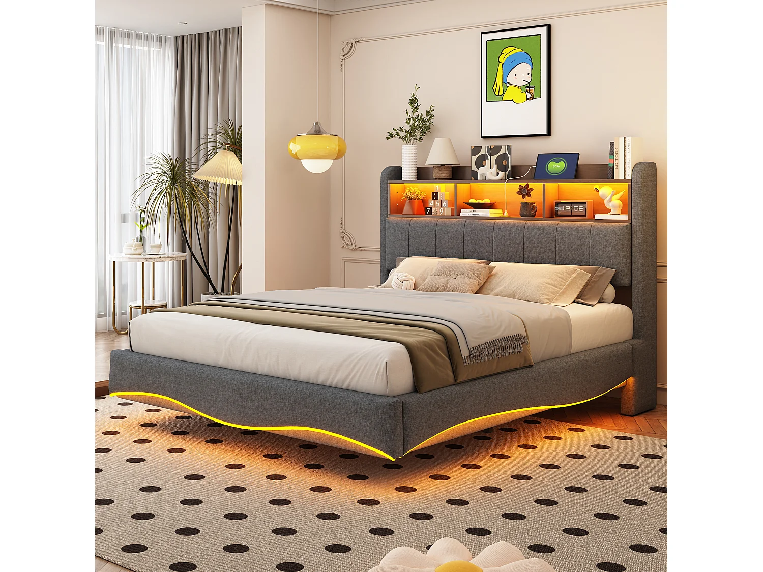 Łóżko podwójne 140x200 cm, szary len, łóżko dla dorosłych z oświetleniem LED i portami USB/Typ-C, zagłówek ze schowkiem 4429621 - obrazek 1