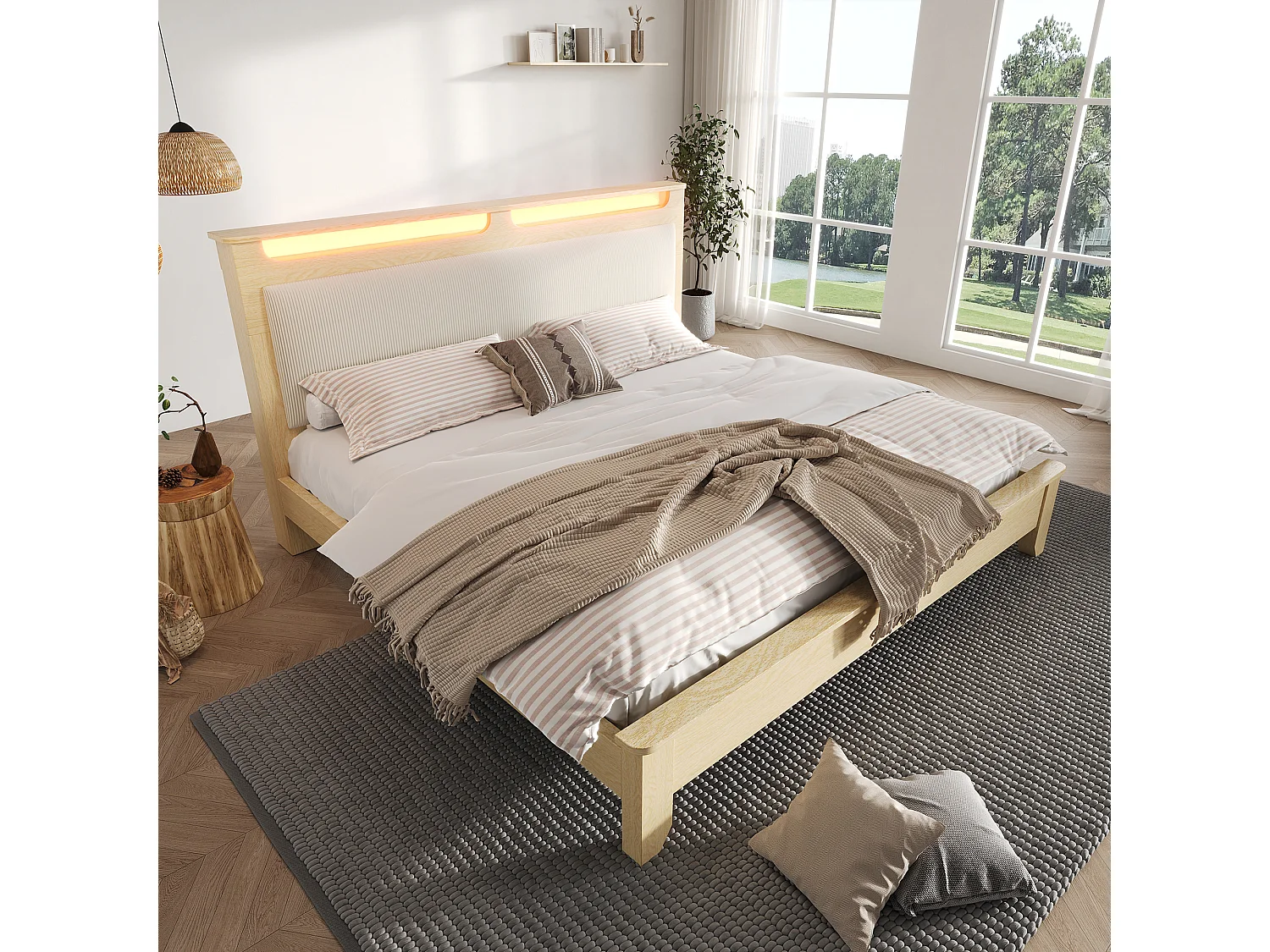 Łóżko podwójne 160x200 cm, z zagłówkiem i listwami, oświetlenie LED, jasny dąb, beżowy sztruks 4429623 - obrazek 1