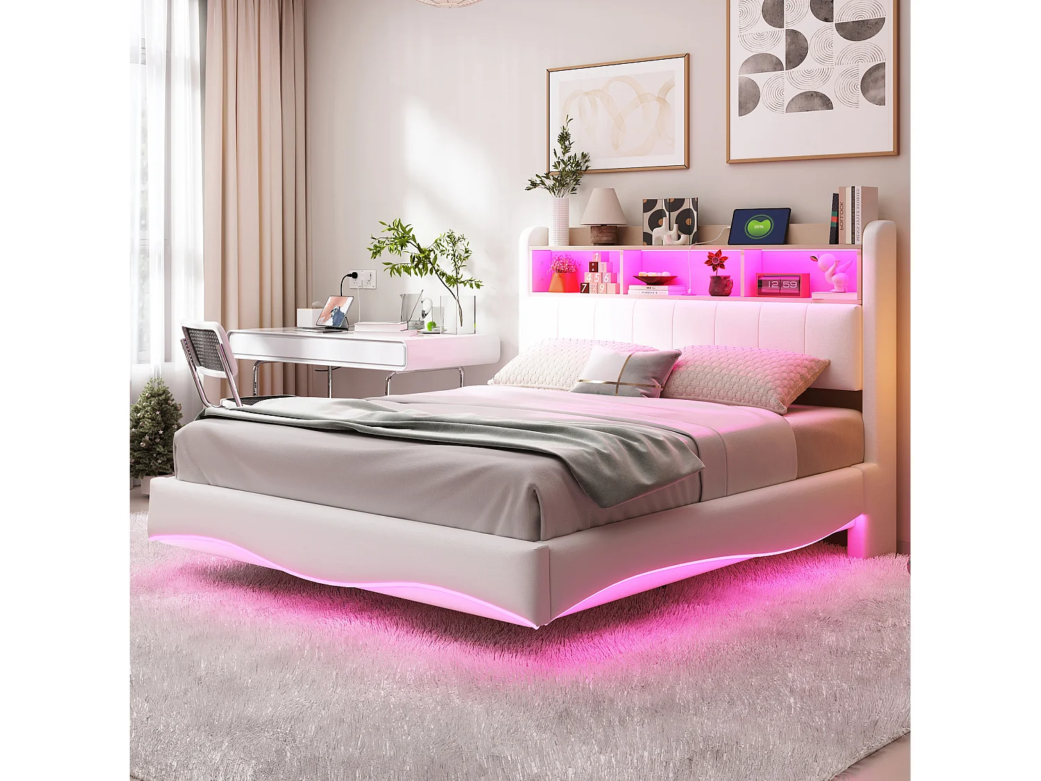 Łóżko podwójne 140x200 cm, beżowy len, łóżko dla dorosłych z oświetleniem LED i portami USB/Typ-C, zagłówek ze schowkiem 4429633 - obrazek 1