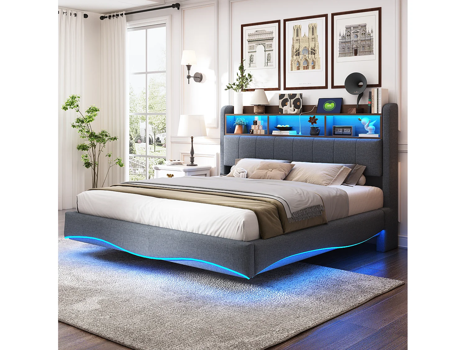 Łóżko podwójne 160x200 cm, szary len, łóżko dla dorosłych z oświetleniem LED i portami USB/Typ-C, zagłówek ze schowkiem 4429635 - obrazek 1