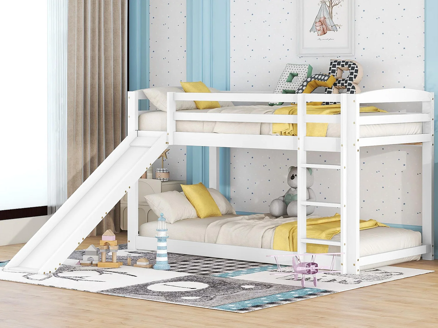 Łóżko piętrowe z sosny z barierkami przeciwupadkowymi + drabinka + zjeżdżalnia - 90x200cm - Białe 1402249 - obrazek 1