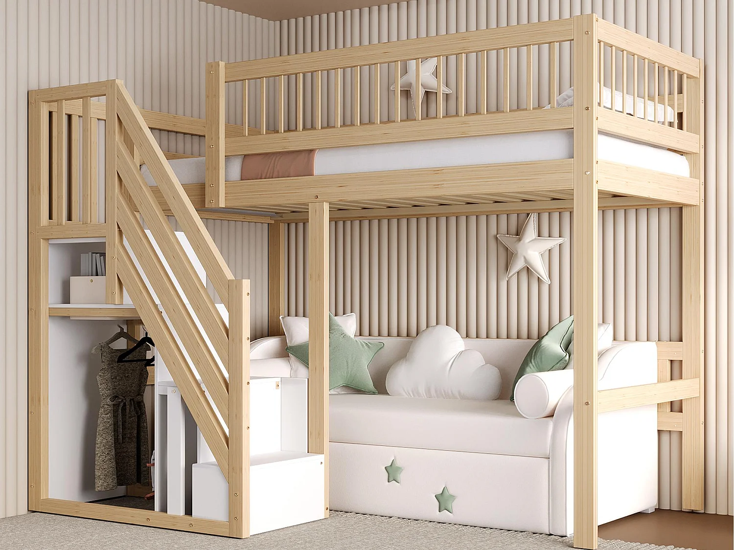Łóżko mezzanine 90x200cm - ze schodami z miejscem do przechowywania - drewno lite + sklejka + MDF - Naturalny 3573870 - obrazek 1