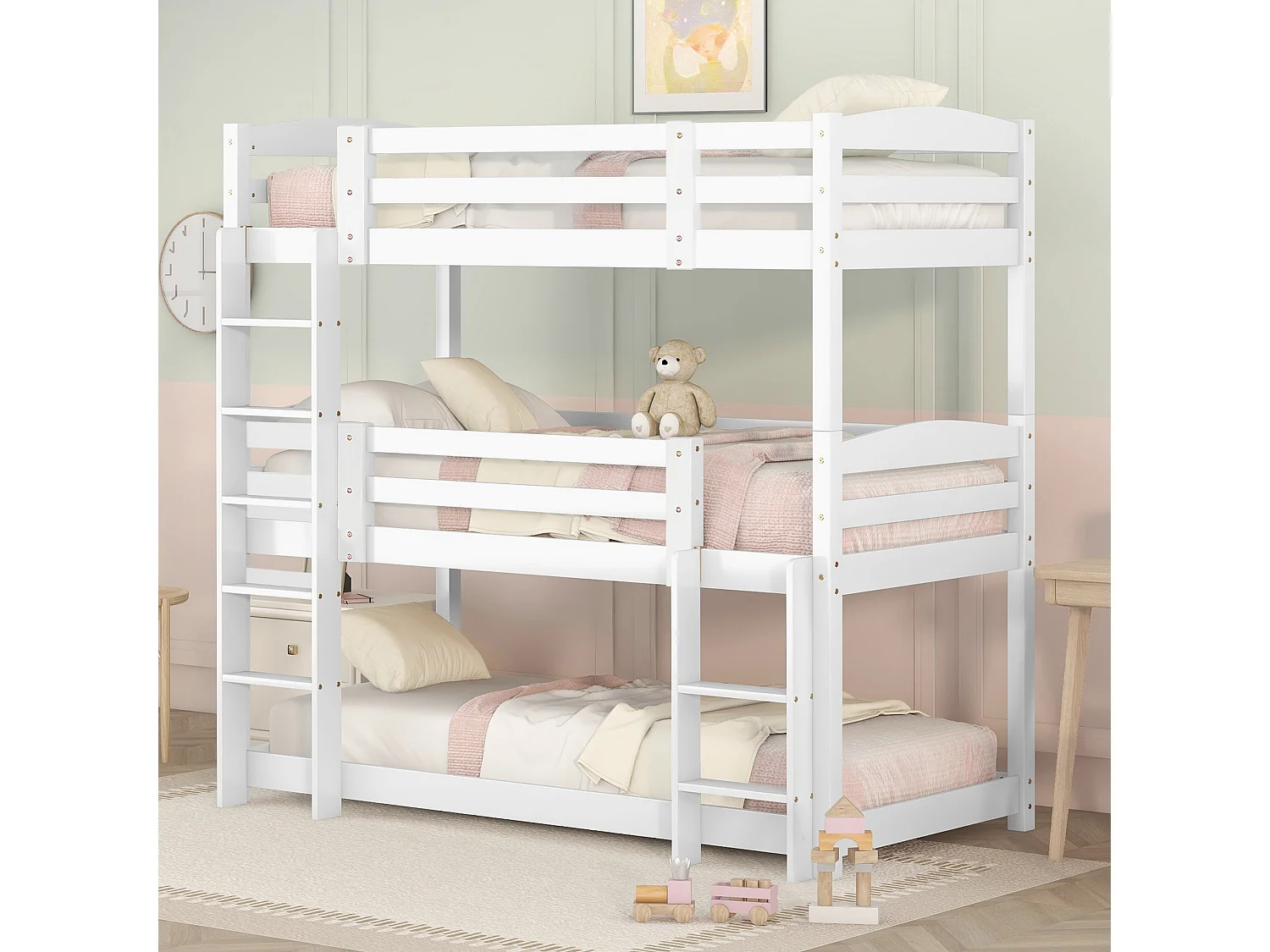 Łóżko piętrowe dziecięce 3-osobowe - 3 x 90 x 200 cm - drewno + MDF - białe 4529965 - obrazek 1