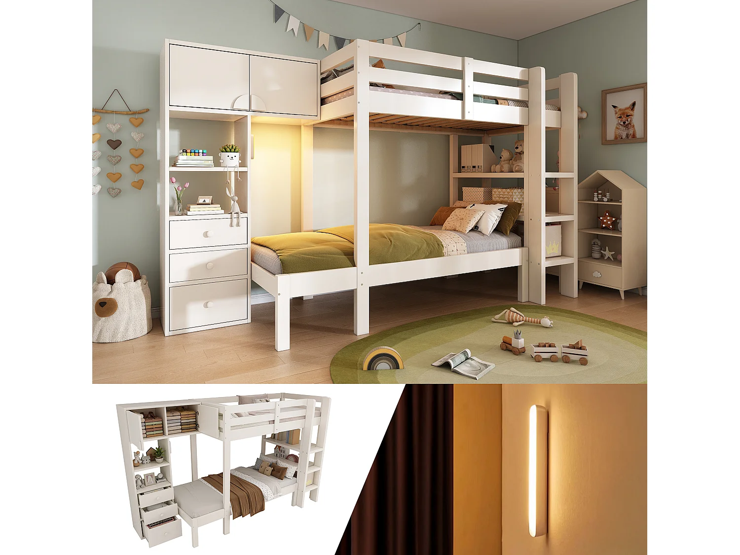 Łóżko piętrowe dla dzieci – 90 x 200 cm – z lampką nocną + szafa + półka + 3 szuflady – drewno + metal – białe 4529972