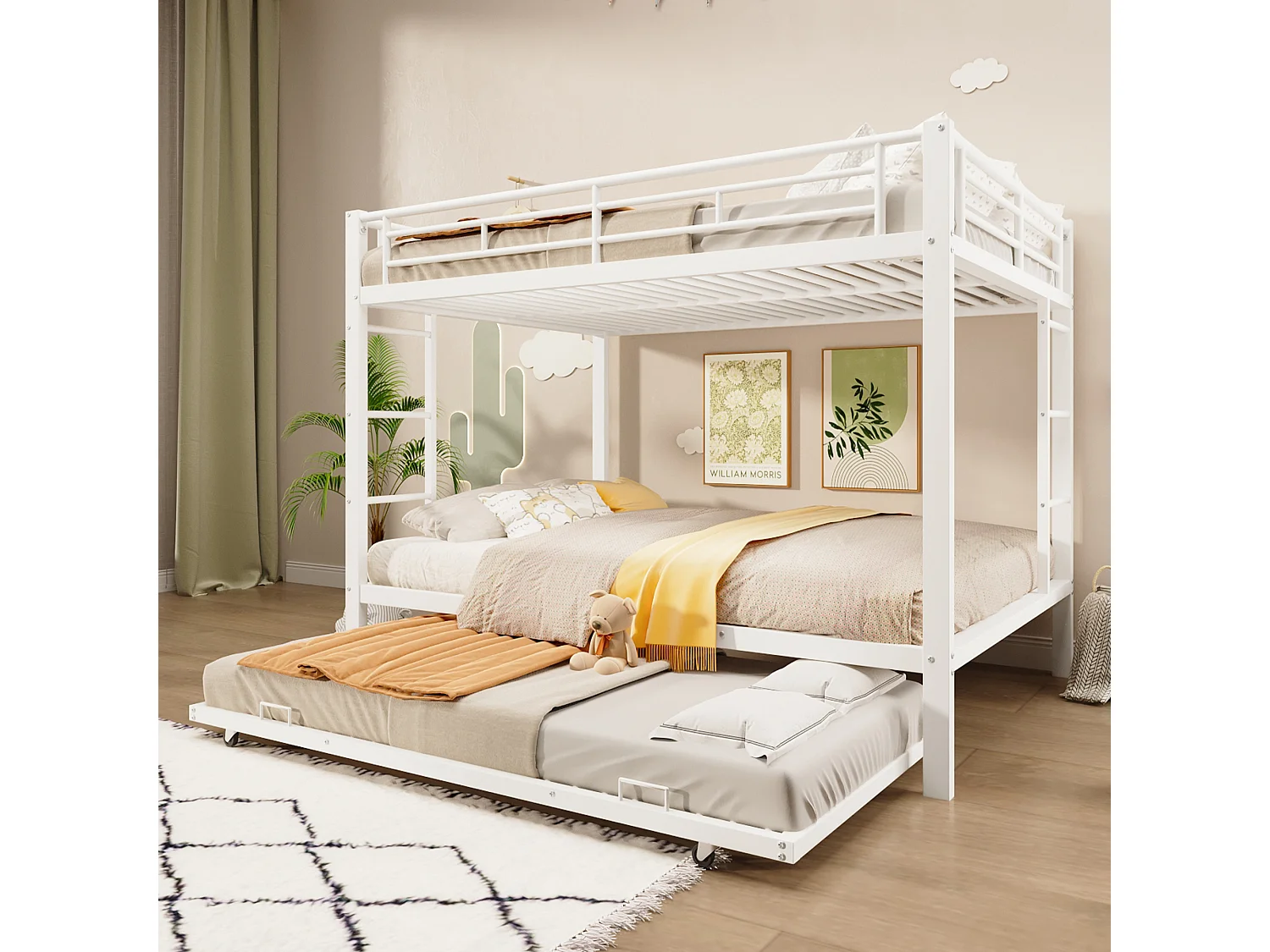 Łóżko piętrowe metalowe - 2 x 140 x 200 cm - z łóżkiem wysuwanym 90 x 190 cm - metalowe - białe 4529987 - obrazek 1