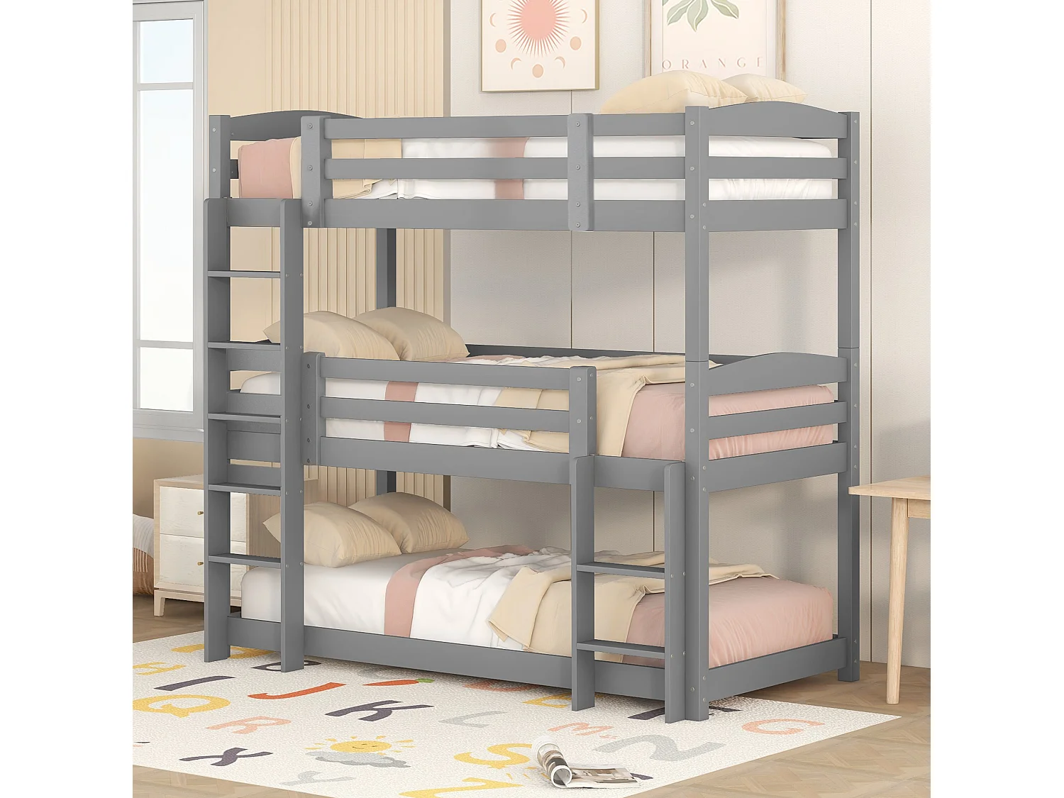 Łóżko piętrowe dziecięce 3-osobowe - 3 x 90 x 200 cm - drewno + MDF - szare 4529992 - obrazek 1