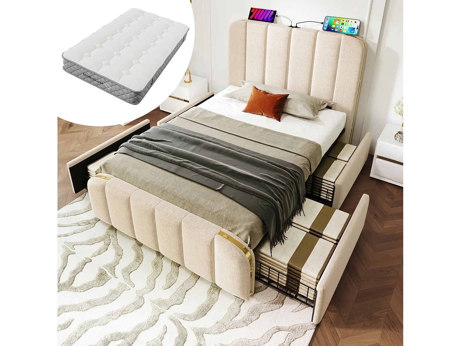 Łóżko tapicerowane z pojemnikiem - 90 x 200 cm - tapicerowany zagłówek z USB typu C - z 4 szufladami - len - beżowy - (z materacem) 4529997 - obrazek 1