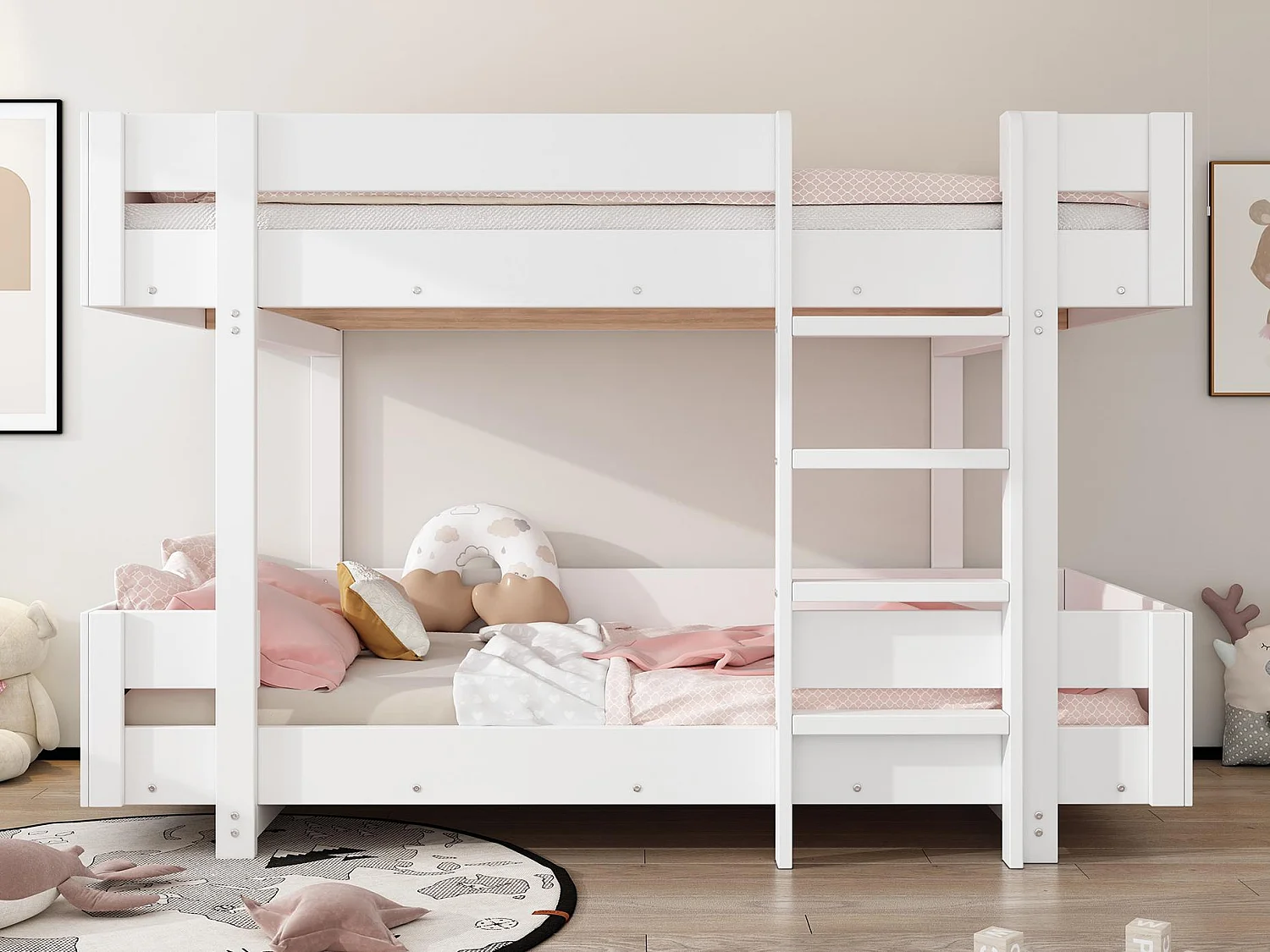 Łóżko piętrowe dla dzieci 90×200 cm – z drabinką i poręczą – prosta konstrukcja – Białe (bez materaca) 2910777