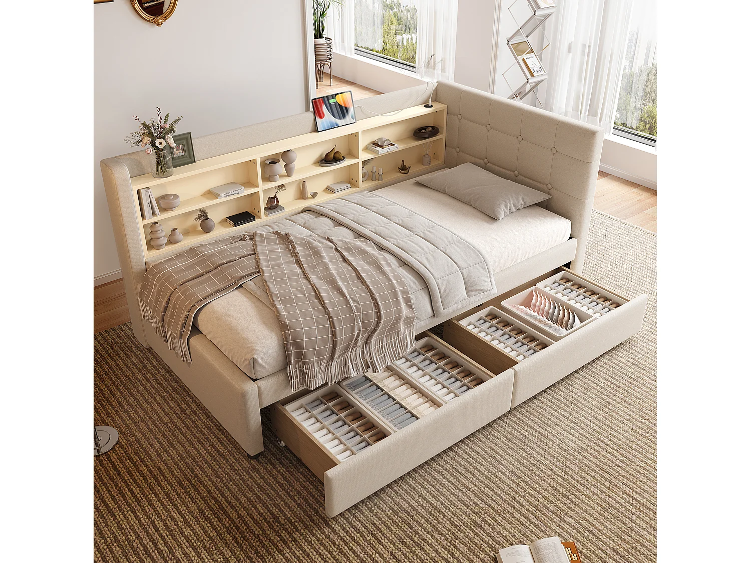 Łóżko pojedyncze 90 x 200 cm – Sofa rozkładana z 2 szufladami i ładowarką USB – dużo miejsca do przechowywania – beżowa pościel – materac nie jest wliczony w cenę 4423701