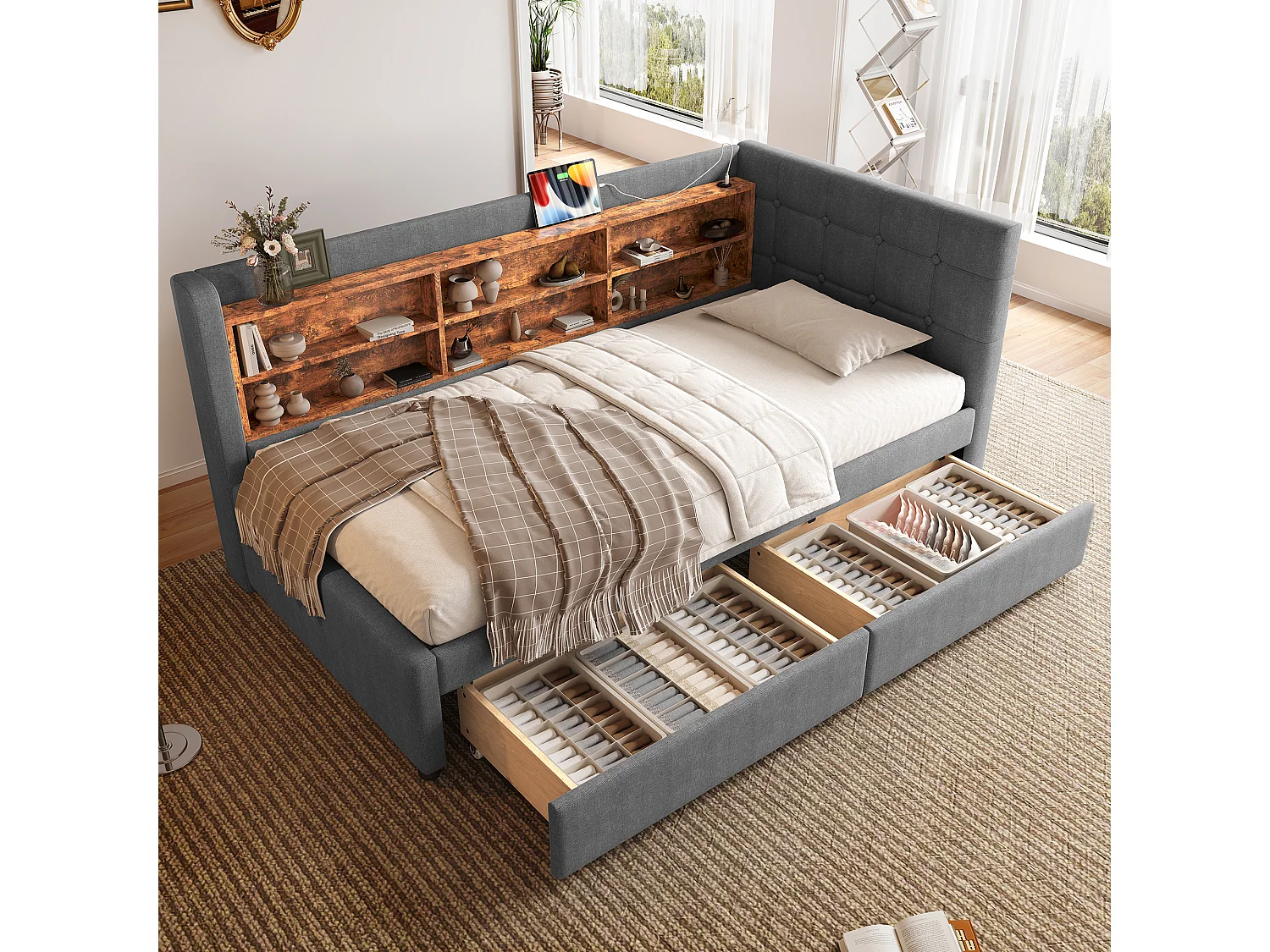 Łóżko pojedyncze 90 x 200 cm – Sofa rozkładana z 2 szufladami i ładowarką USB – dużo miejsca do przechowywania – szara pościel – materac nie jest wliczony w cenę 4423674