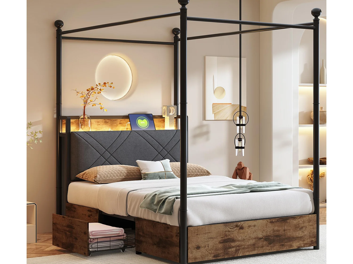 Łóżko podwójne 90x190 cm - Oświetlenie LED + port ładowania USB/Type-C - 3 szuflady - Wyjmowane słupki łóżka - Czarny 4569732 - obrazek 1