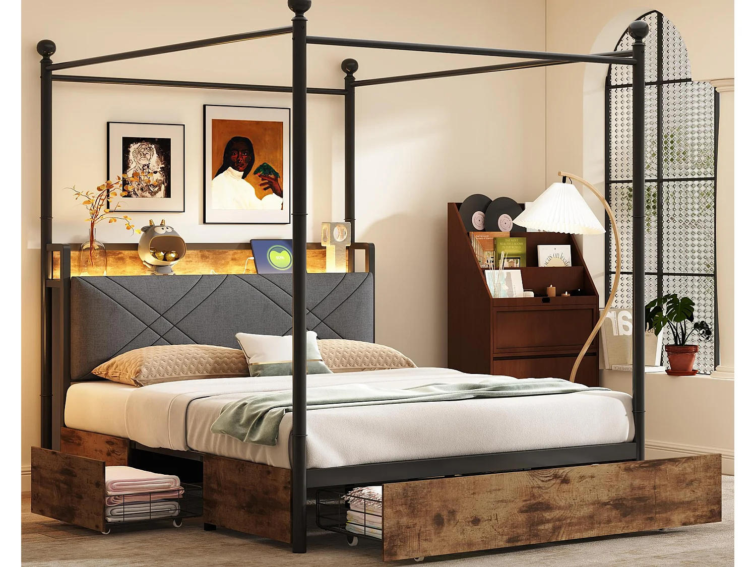 Łóżko podwójne 140×190 cm – Oświetlenie LED + port ładowania USB/Type-C – 3 szuflady – Wyjmowane słupki łóżka – Czarny 4569734