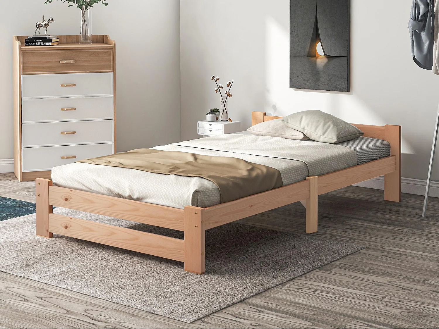 Łóżko proste z litego drewna 90x200cm z wezgłowiem i stelażem na listwy - Naturalne 1543831 - obrazek 1