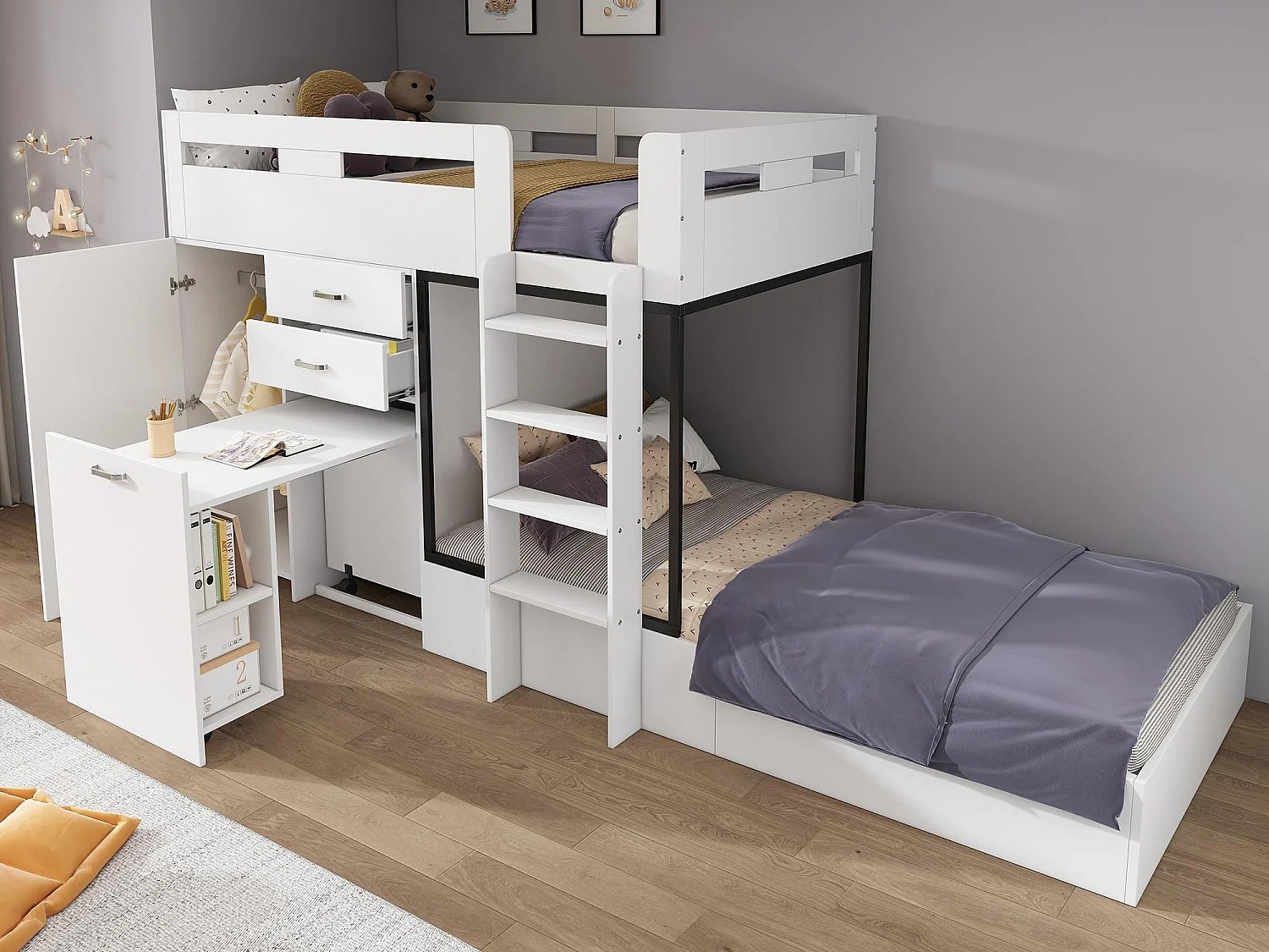 Łóżko piętrowe wielofunkcyjne - 2x90x200 cm - z szafą i wysuwanym biurkiem - Białe (bez materaca) 4620555 - obrazek 1