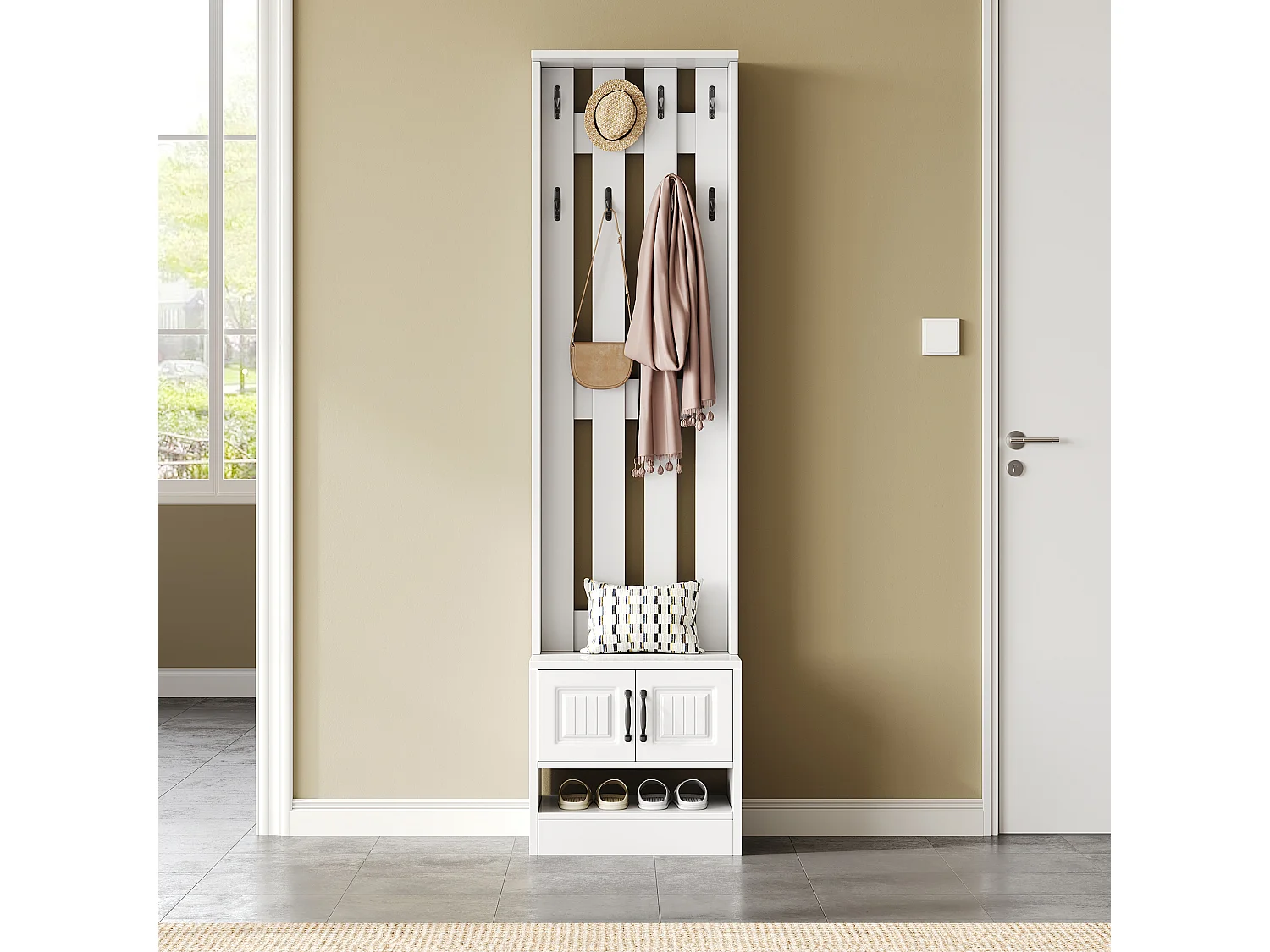 Ława/szafka na buty z 2 drzwiami + panel tylny z 8 wieszakami - 50 x 36 x 190 cm - płyta wiórowa - biała 4620589 - obrazek 1