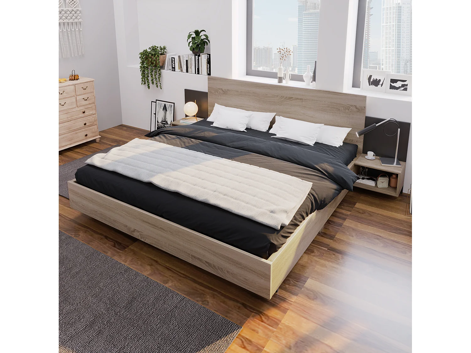 Łóżko podwójne drewniane - 160 x 200 cm - z 2 szafkami nocnymi + zagłówek - drewno - naturalne 4623471 - obrazek 1