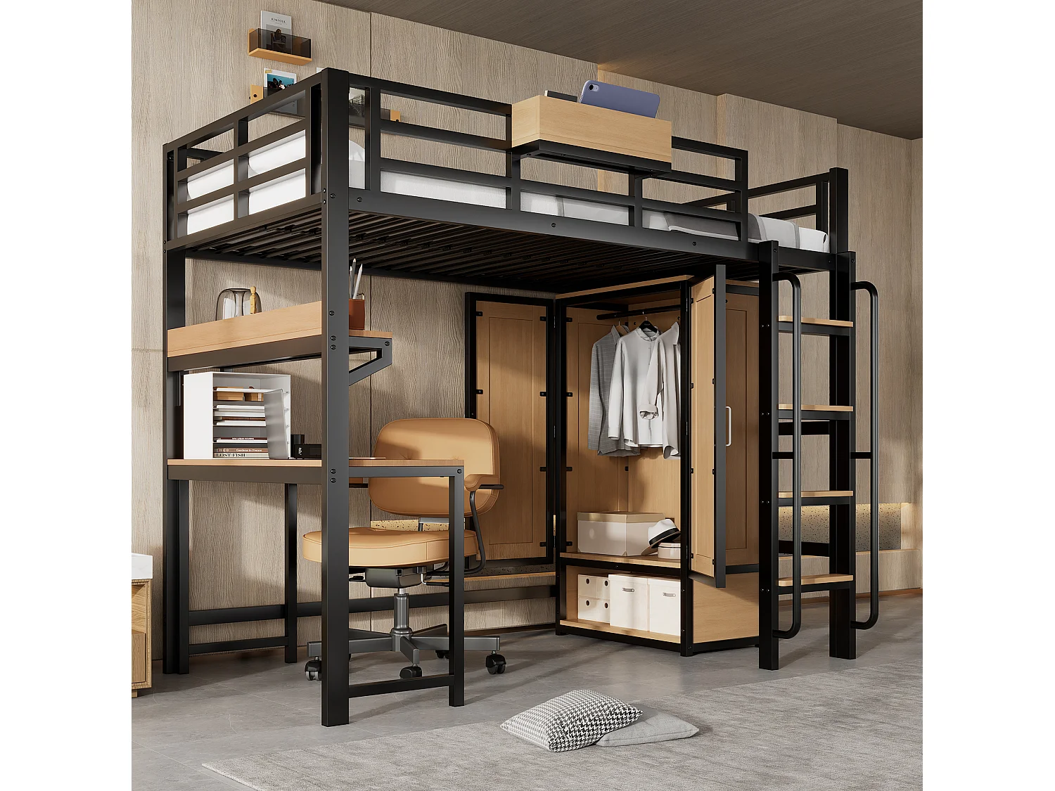 Łóżko piętrowe z żelaza - 90 x 200 cm - z szafą + schodami + biurkiem i półką - żelazo + płyta MDF - czarne + naturalne 4623983 - obrazek 1
