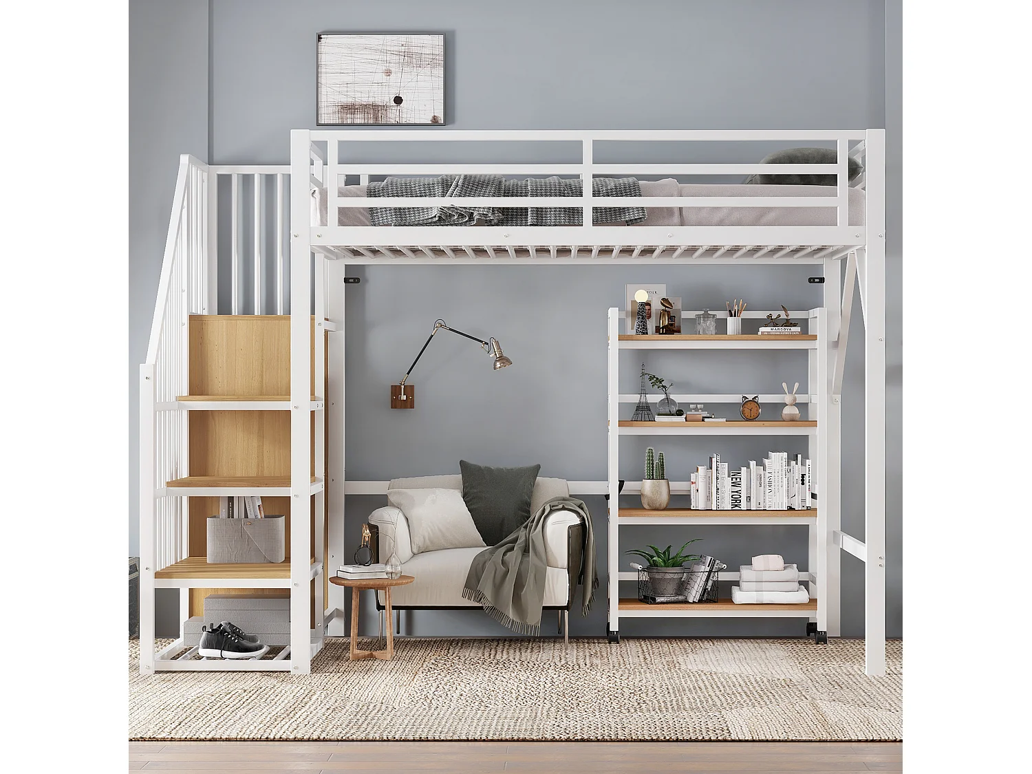 Łóżko piętrowe z żelaza - 90 x 200 cm - z półką do przechowywania + szafa narożna - żelazo + płyta MDF - białe + naturalne 4623984 - obrazek 1