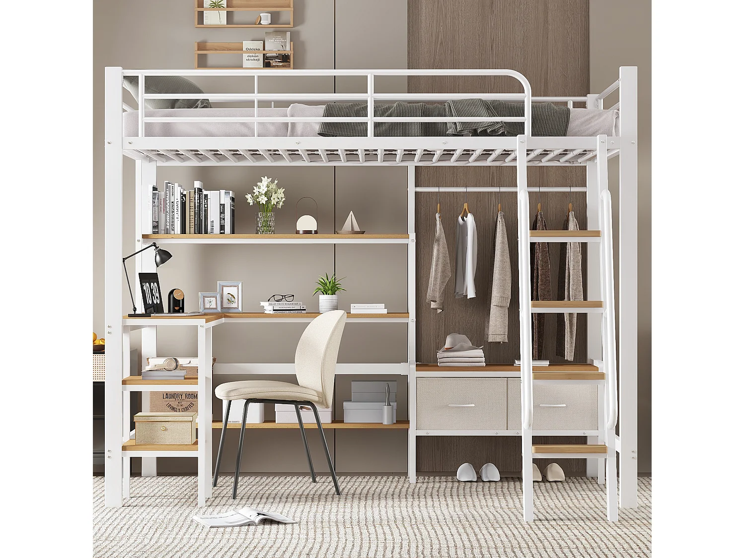Łóżko piętrowe z żelaza - 90 x 200 cm - z 2 materiałowymi szufladami + biurko + półka - żelazo + płyta MDF - białe + naturalne 4623985 - obrazek 1
